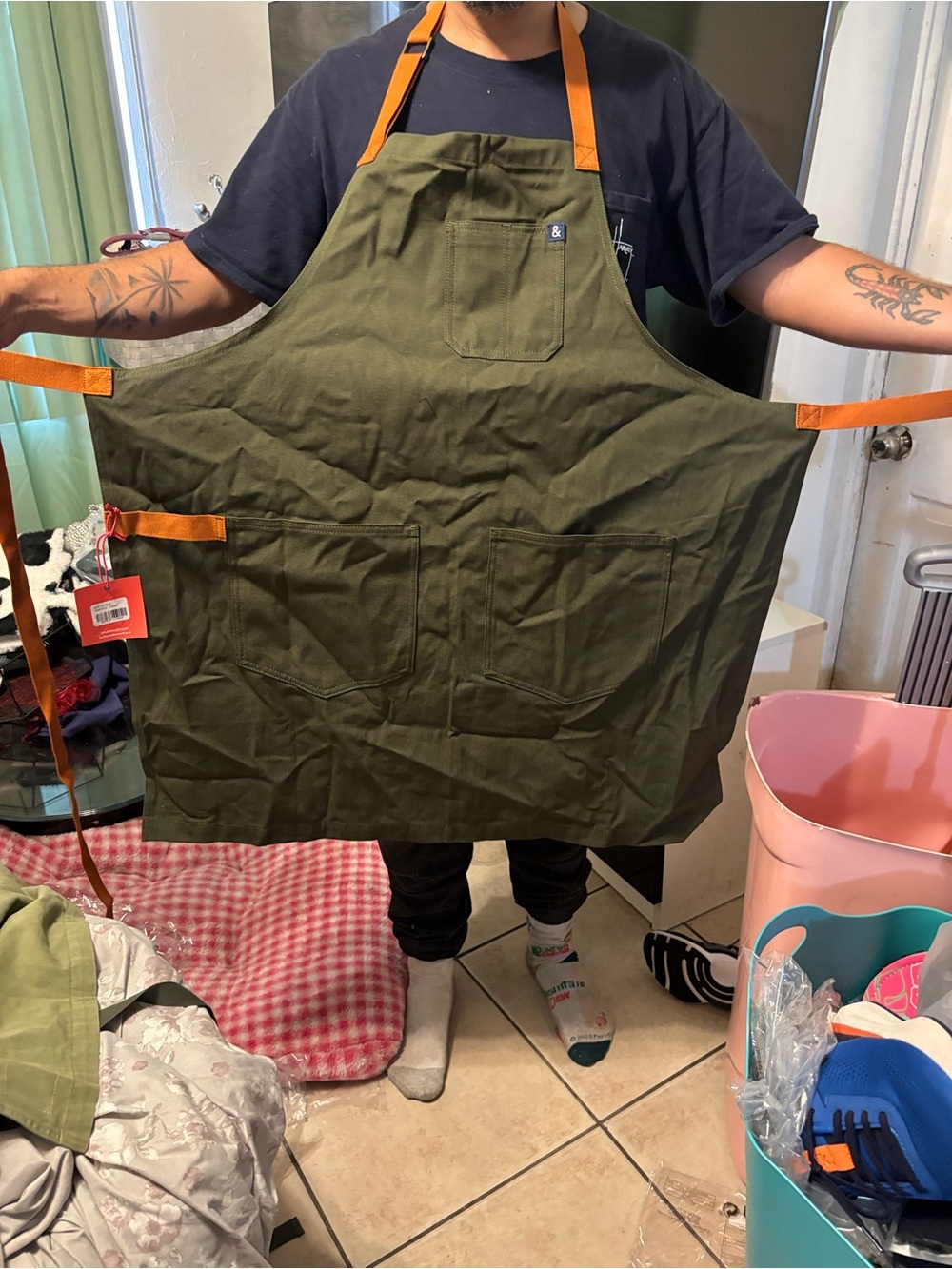Unbranded Olive Green Canvas Utility Apron with Orange Straps